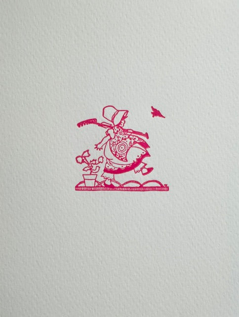 Letterpress Card-Girl Gardener- Pink on White A2 Blank Inside