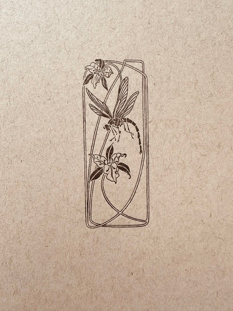 Letterpress Card- Art Deco Dragonfly & Trillium- Black on Oatmeal Speckletone