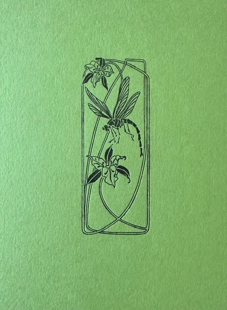 Letterpress Card-Art Deco Dragonfly & Trillium Black on Green