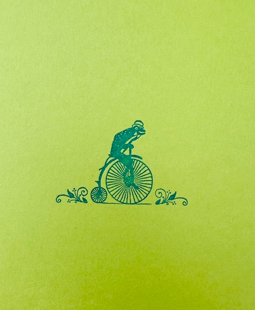 Letterpress Card- Frog on Bicycle- Blue on Green