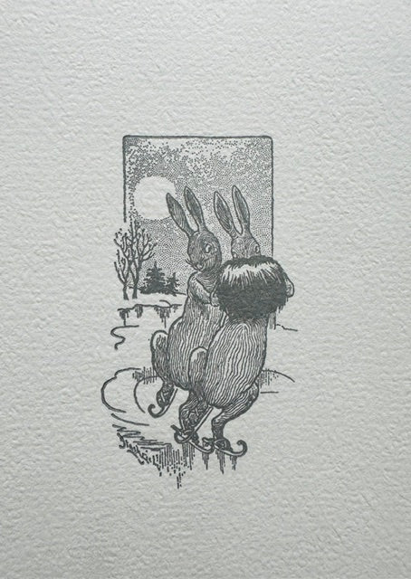 Letterpress Card- Ice Skating Bunny Couple- Grey on White