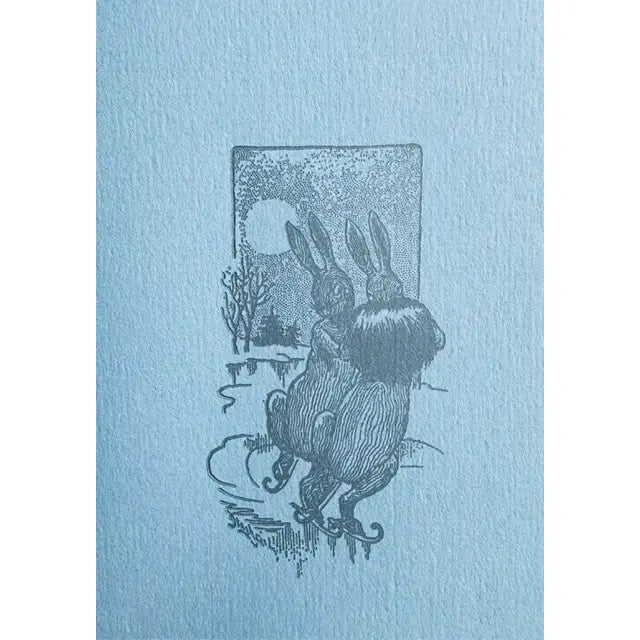 Letterpress Bunnies Ice Skating Card-Grey on Blue