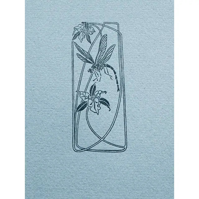 Letterpress Card- Art Deco Dragonfly & Trillium Blank-Blue/Beige