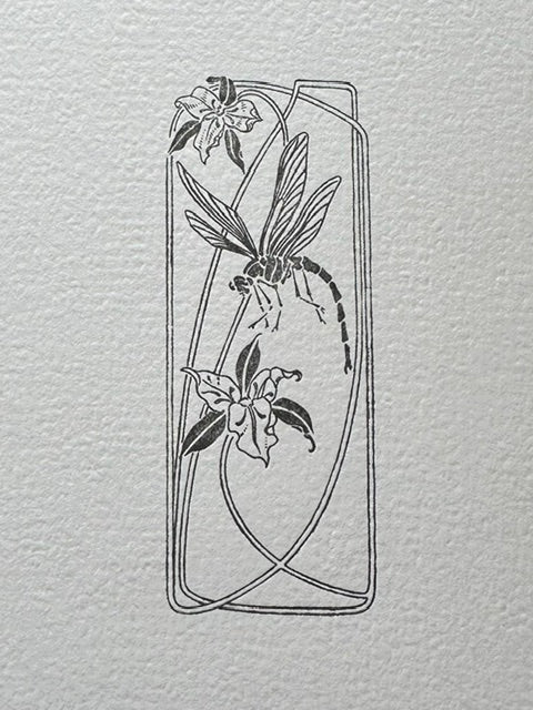 Letterpress Card- Art Deco Dragonfly & Trillium- Black on White Felt Finish