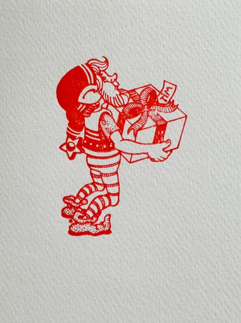Letterpress Card- Christmas Elf -Red on White Blank A2