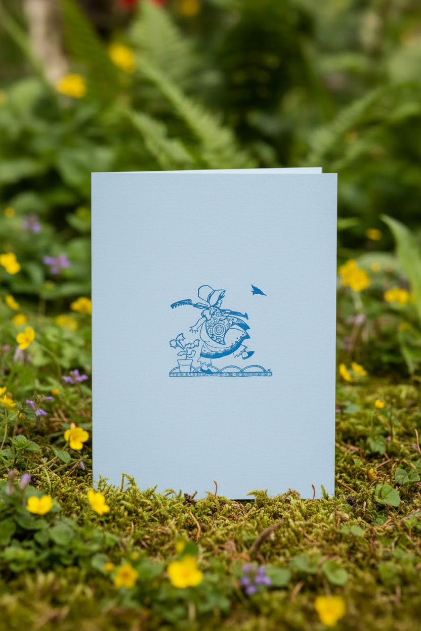 Letterpress A2 Card – Girl Gardener – Blue