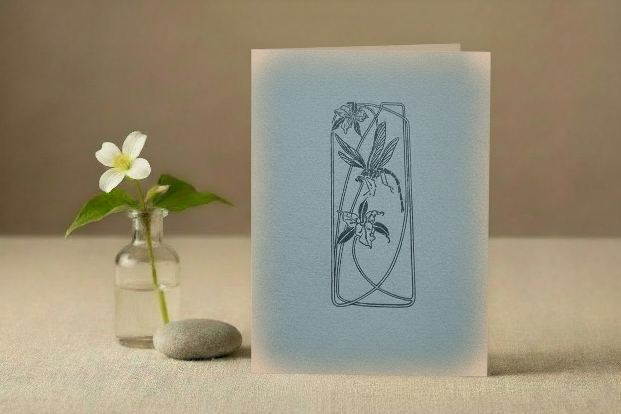 Letterpress Art Deco Dragonfly Trillium Card – Blue/Beige