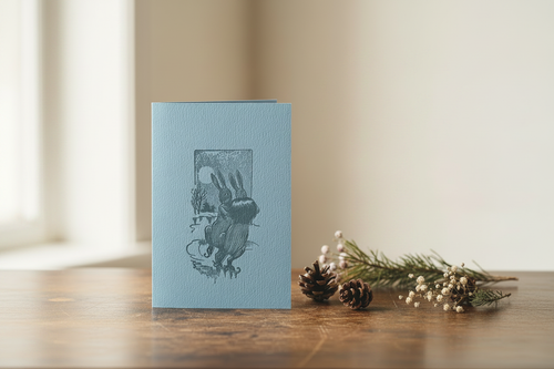 Letterpress Bunnies Ice Skating Card – Grey on Blue