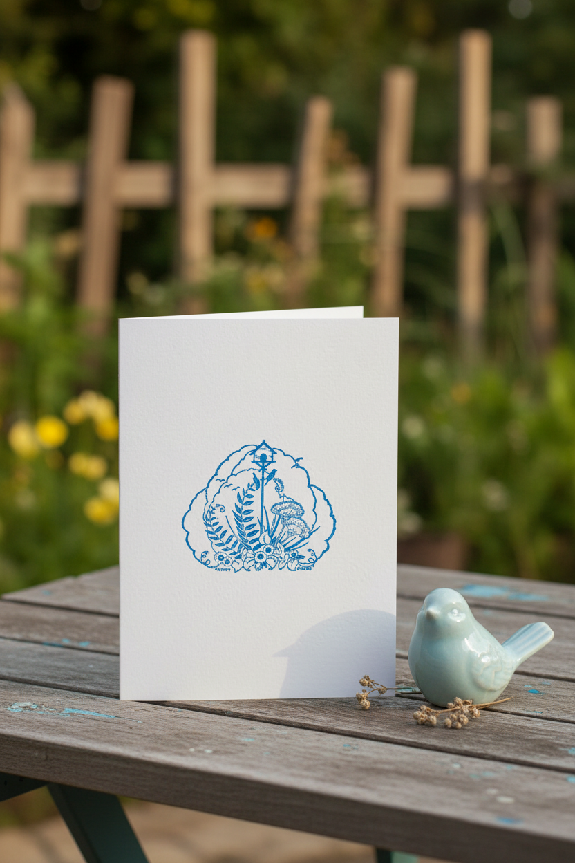 Letterpress Card – Birdhouse Garden – Blue on White