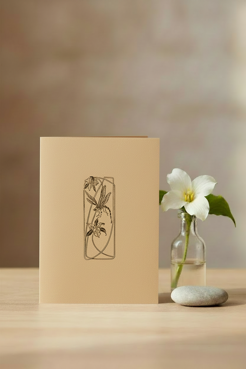 Letterpress Card – Dragonfly & Trillium – Black on Oatmeal Speckletone