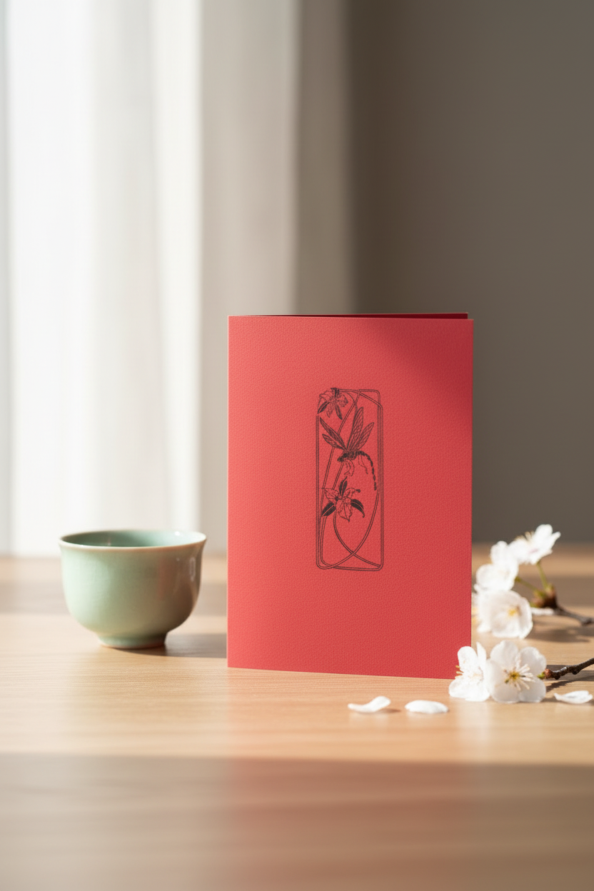 Letterpress Card – Dragonfly & Trillium – Black on Red