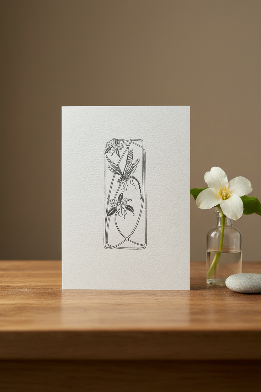 Letterpress Card – Dragonfly & Trillium – Black on White Felt Finish