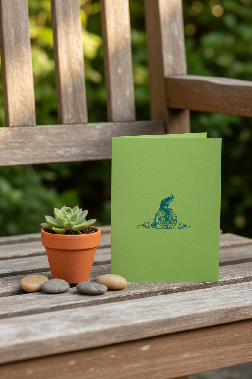 Letterpress Card – Frog on Bicycle – Blue on Green