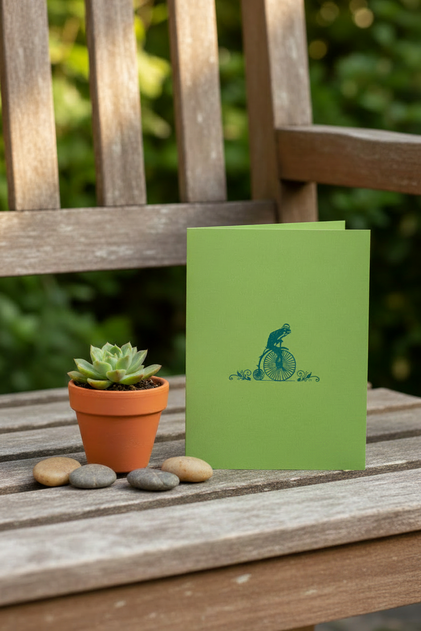 Letterpress Card – Frog on Bicycle – Blue on Green