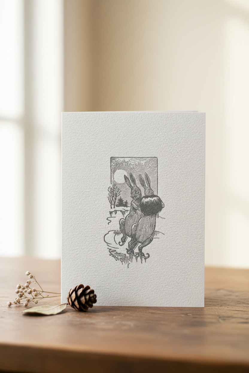 Letterpress Card – Ice Skating Bunny Couple – Grey on White