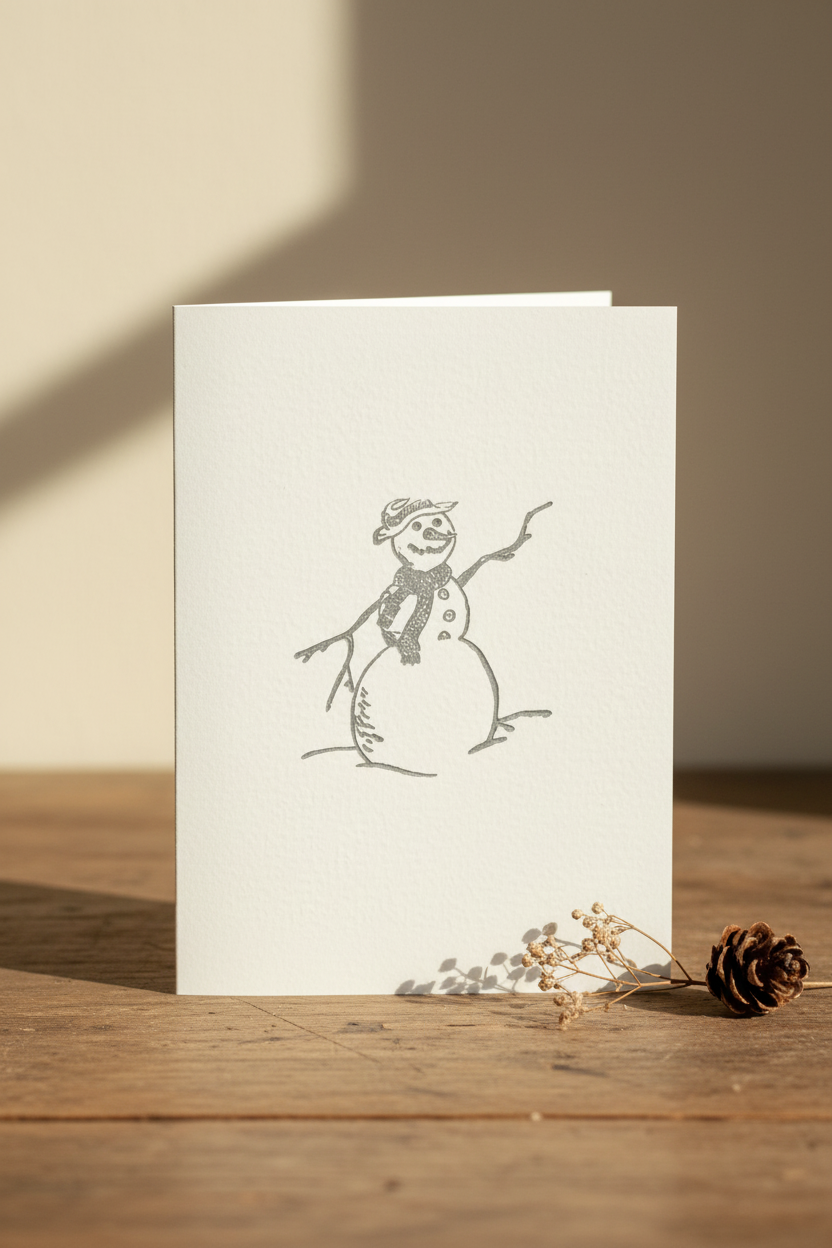 Letterpress Card – Smiling Snowman – Grey on White