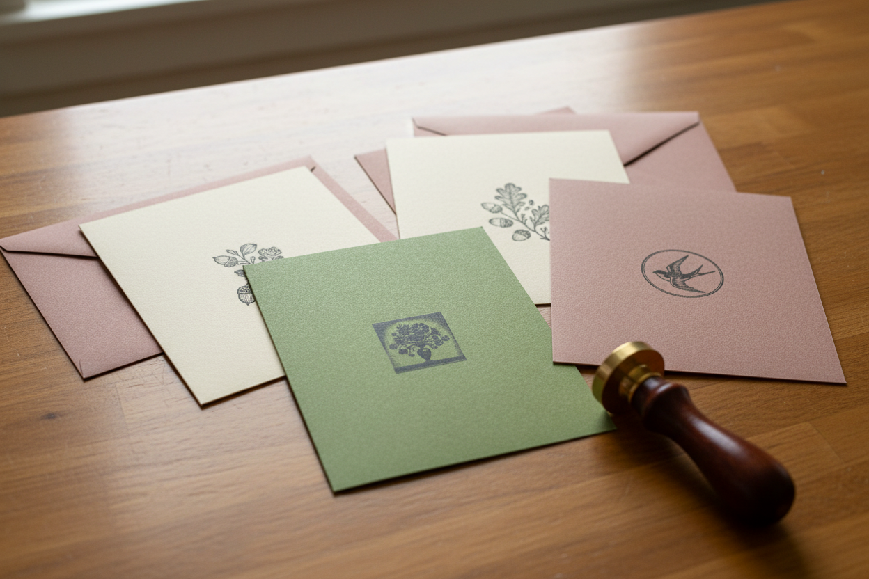 Letterpress flat lay with vintage woodcut cards
