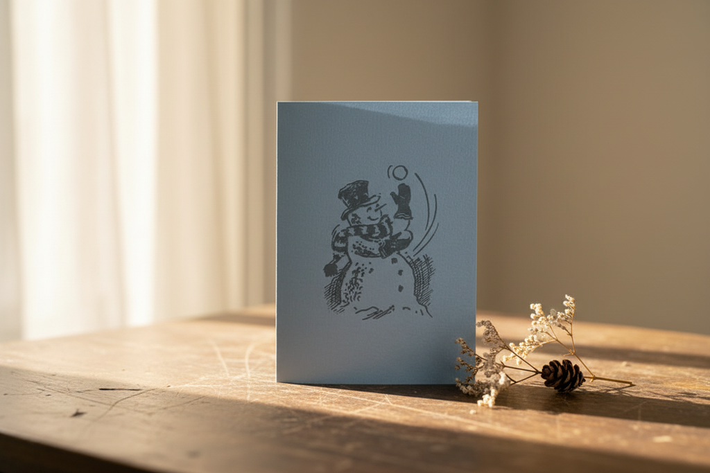 Letterpress Snowman Juggling Card – Blue
