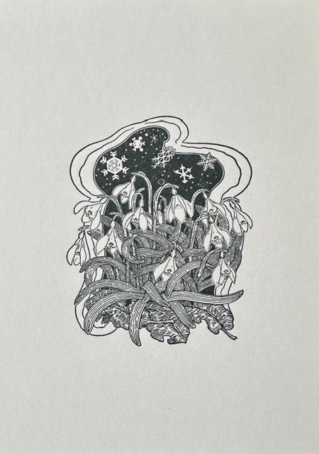 Letterpress Card-5 x 7= Snowdrops- Dark Blue on White- Blank Inside